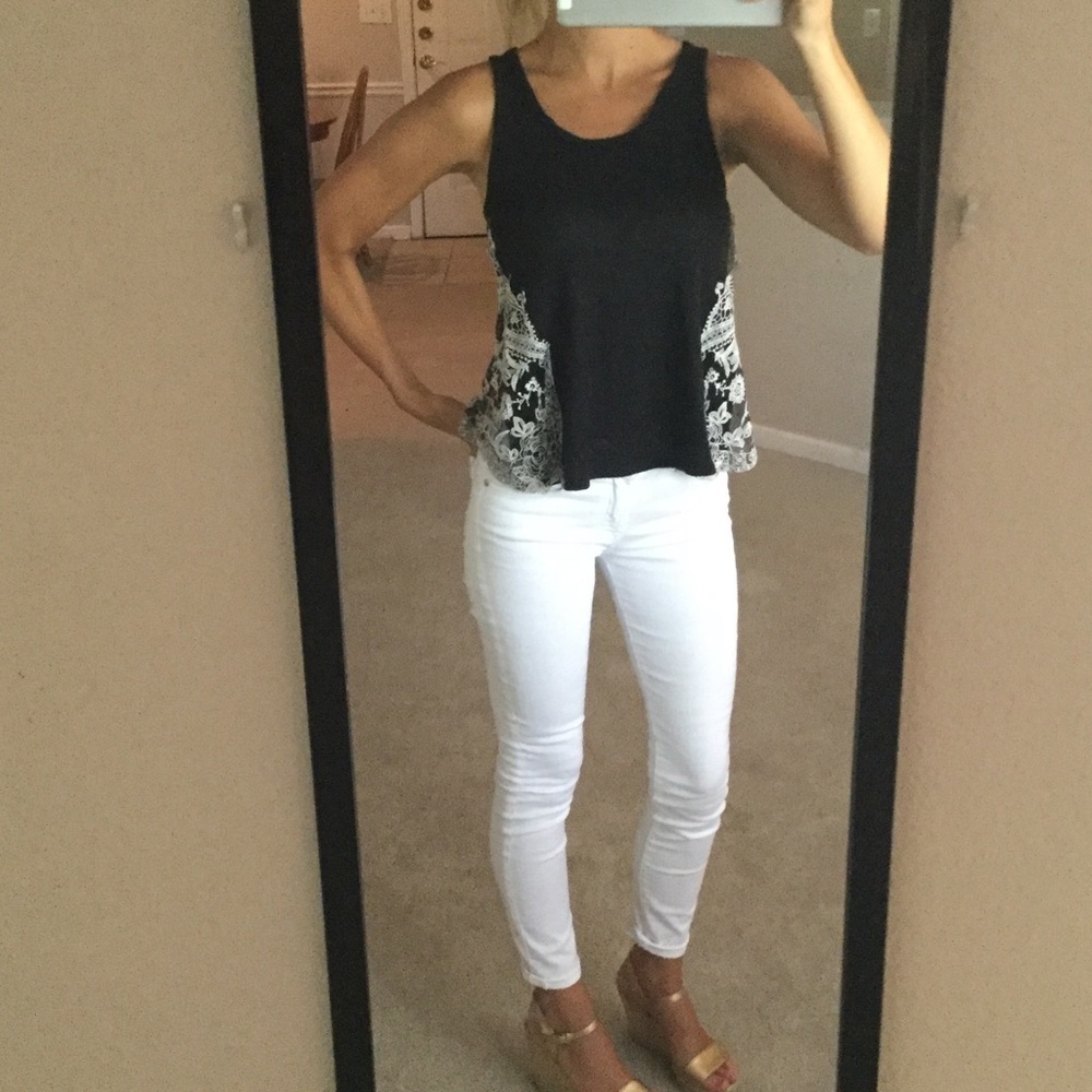 Black And White Tank With Floral Mesh Detailing